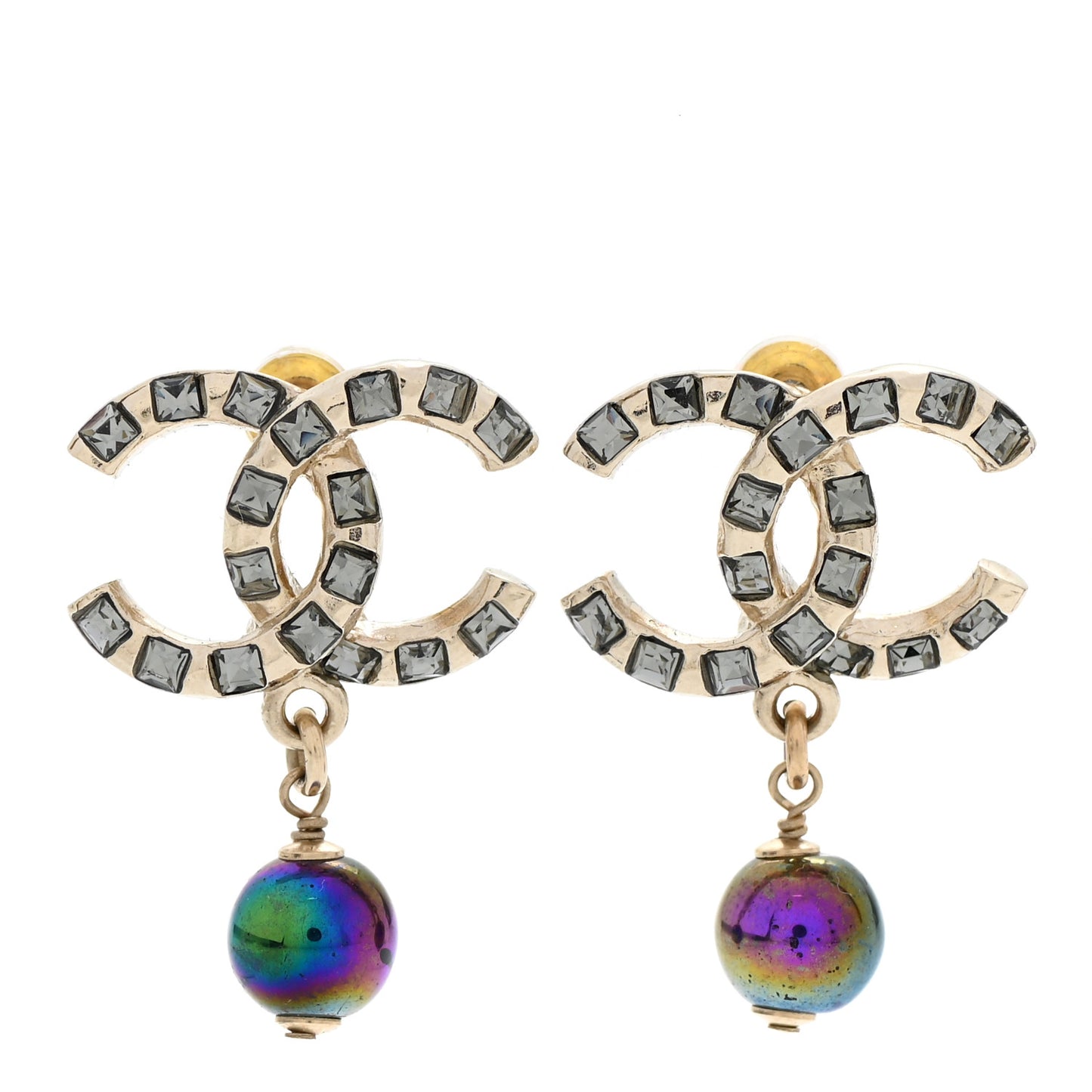 Metal Pearl Crystal CC Drop Earrings Gold Purple Gray