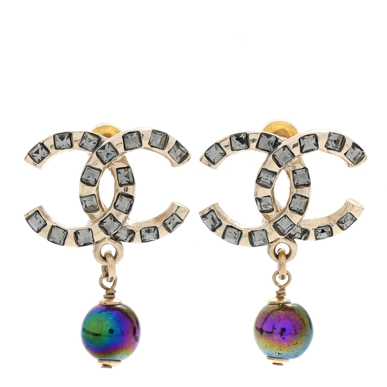 Chanel Metal Pearl Crystal CC Drop Earrings Gold Purple Gray 1 of 5