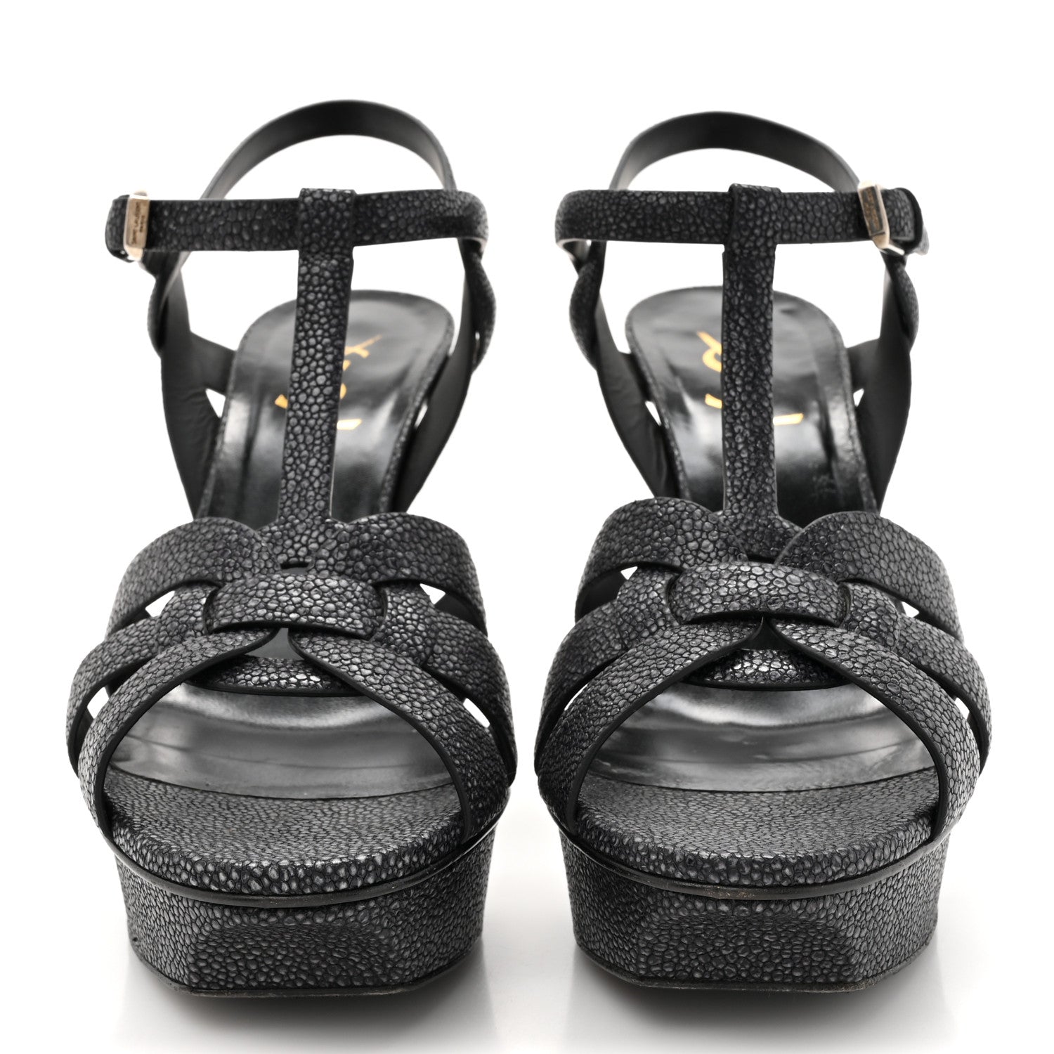Saint Laurent Grained Calfskin Razza Print Tribute 75 Platform Sandals 38.5 Dark Grey 3 of 13