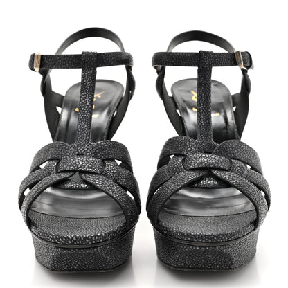 Saint Laurent Grained Calfskin Razza Print Tribute 75 Platform Sandals 38.5 Dark Grey 3 of 13