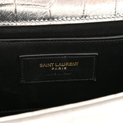 Saint Laurent Calfskin Crocodile Embossed Monogram Chain Wallet Argento 6 of 11
