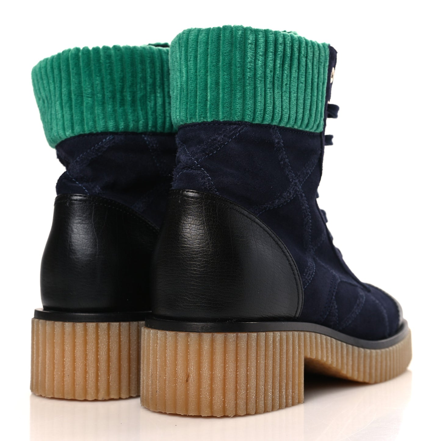 Suede Calfskin Velvet Quilted CC Combat Boots 38 Navy Green Black