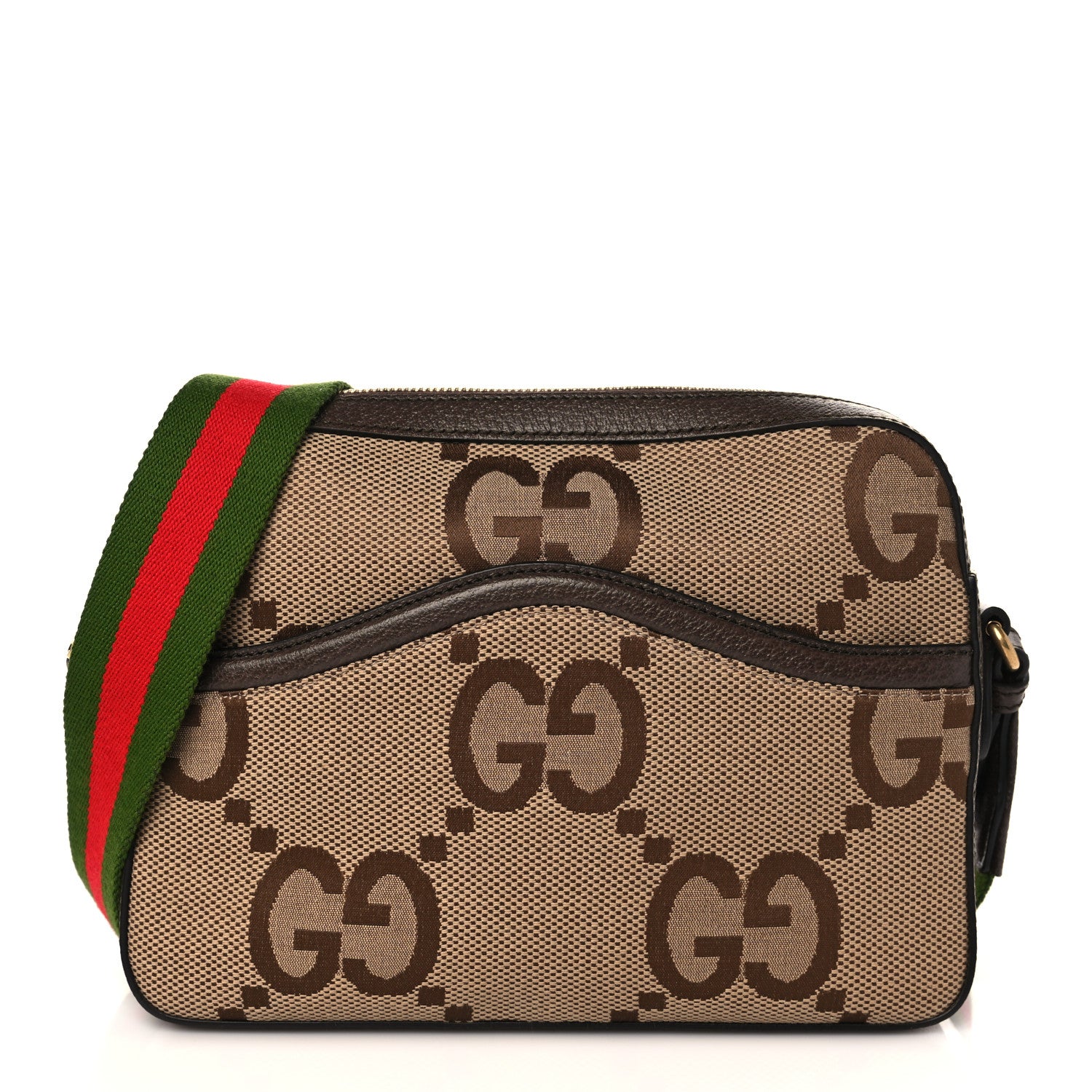 Gucci Monogram Jumbo GG Textured Dollar Calfskin Web Messenger Shoulder Bag Camel Ebony New Acero 1 of 8