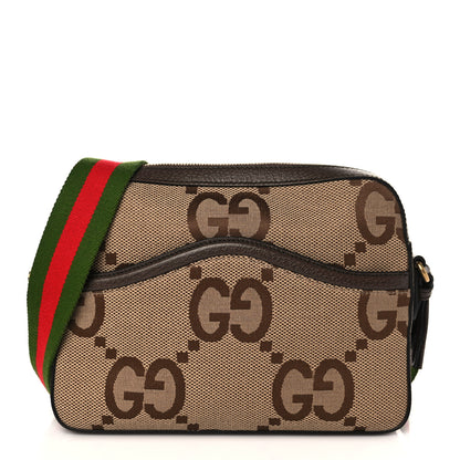 Gucci Monogram Jumbo GG Textured Dollar Calfskin Web Messenger Shoulder Bag Camel Ebony New Acero 1 of 8