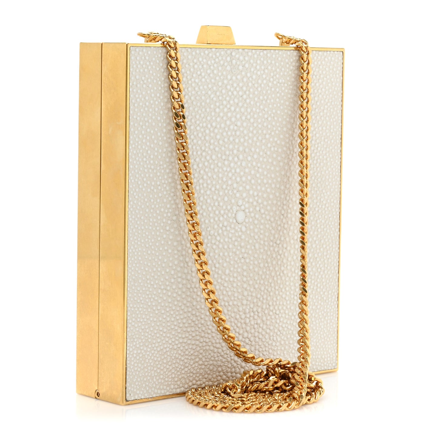 Metal Calfskin Shagreen Embossed Monogram Minaudiere Tuxedo Box Clutch Blanc Vintage Light Bronze