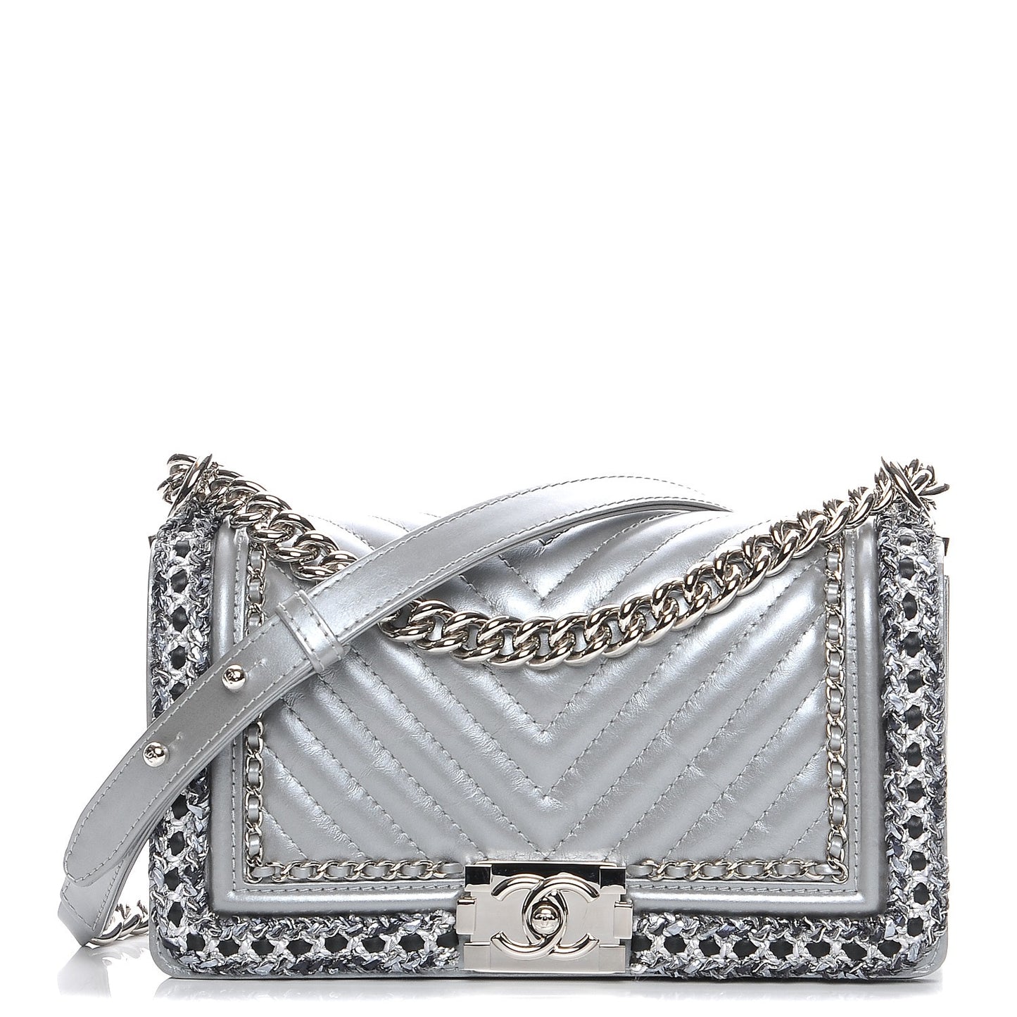 Metallic Calfskin Chevron Quilted Braided Medium Boy Flap Silver