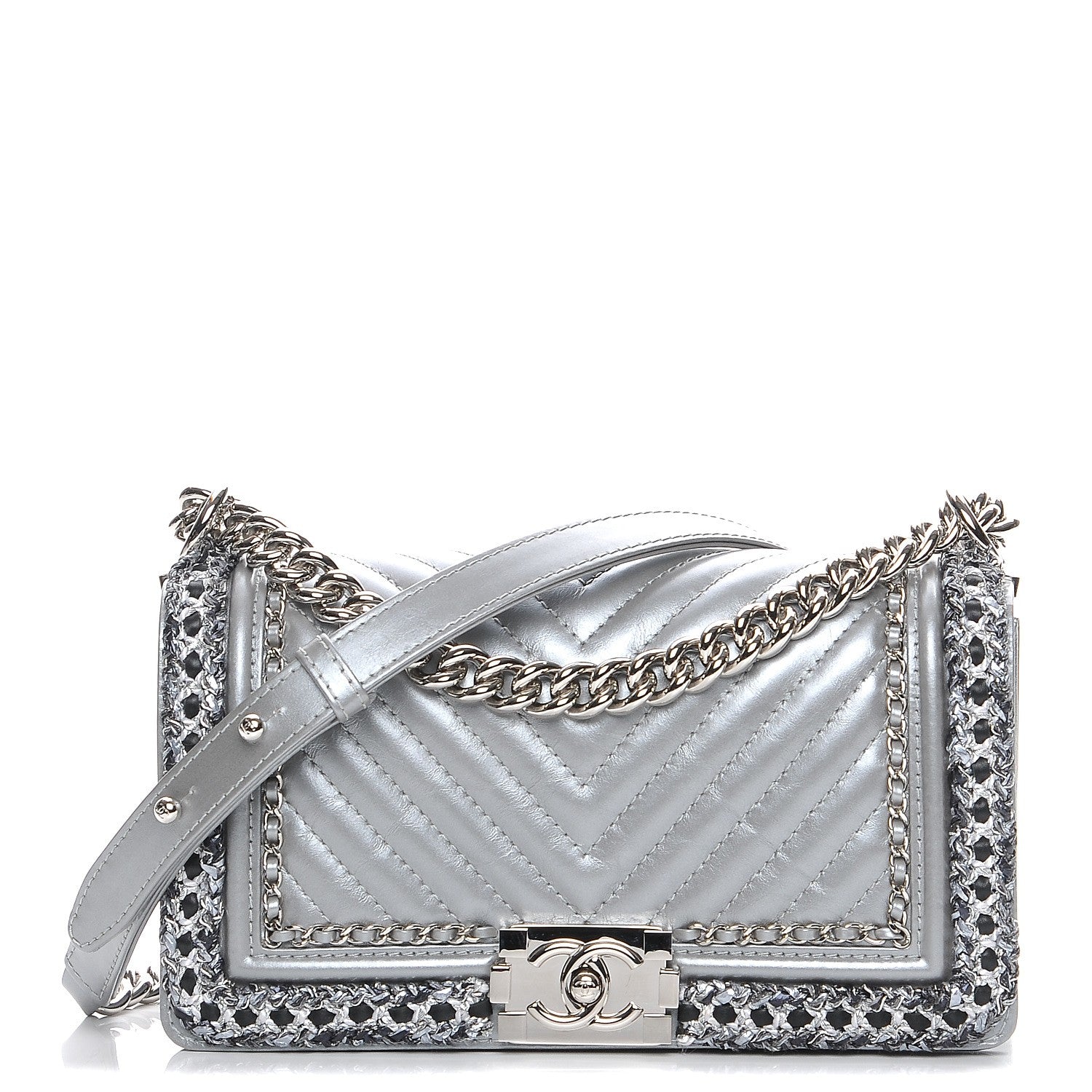 Chanel Metallic Calfskin Chevron Quilted Braided Medium Boy Flap Silver 1 of 8