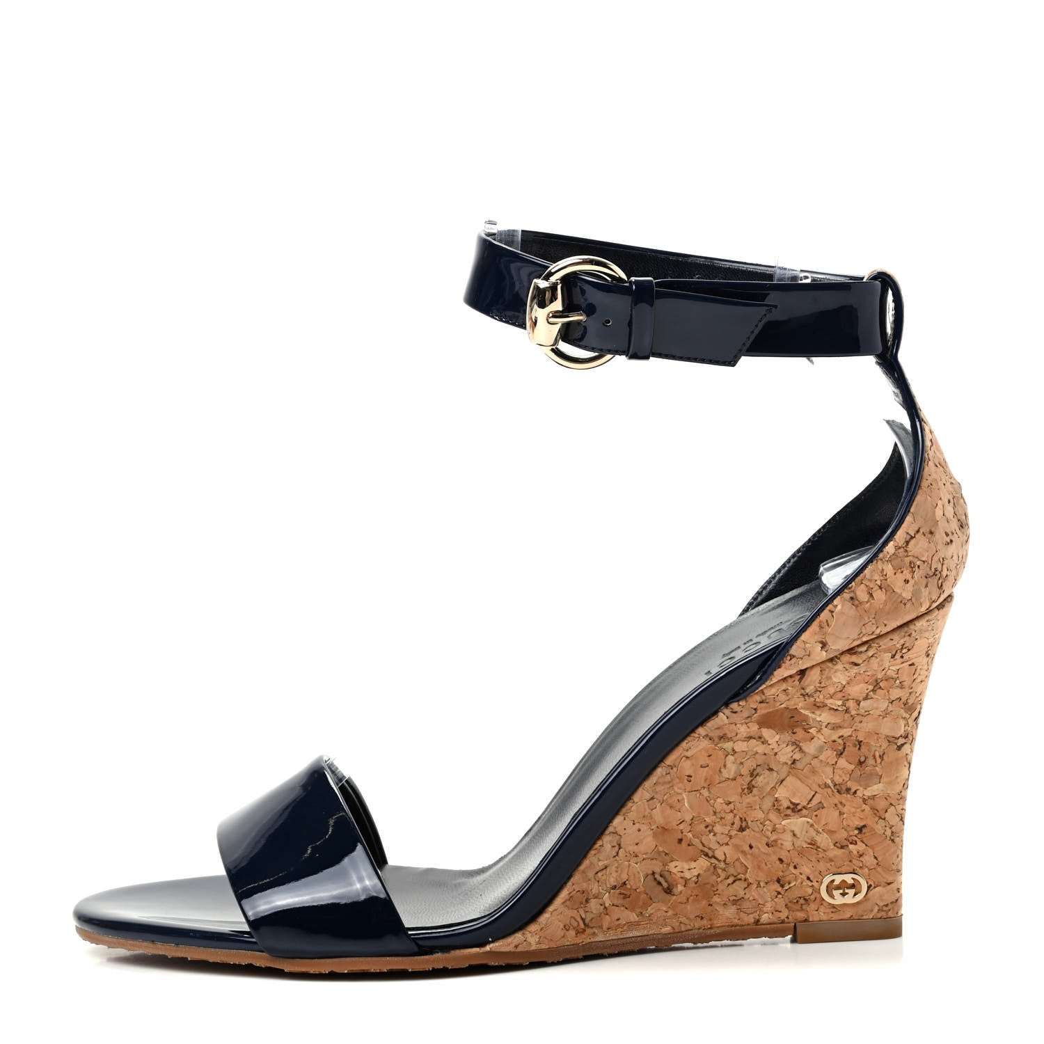 Gucci Vitello Vernice Cork Wedge Sandals 8 Blue Naturale 1 of 11