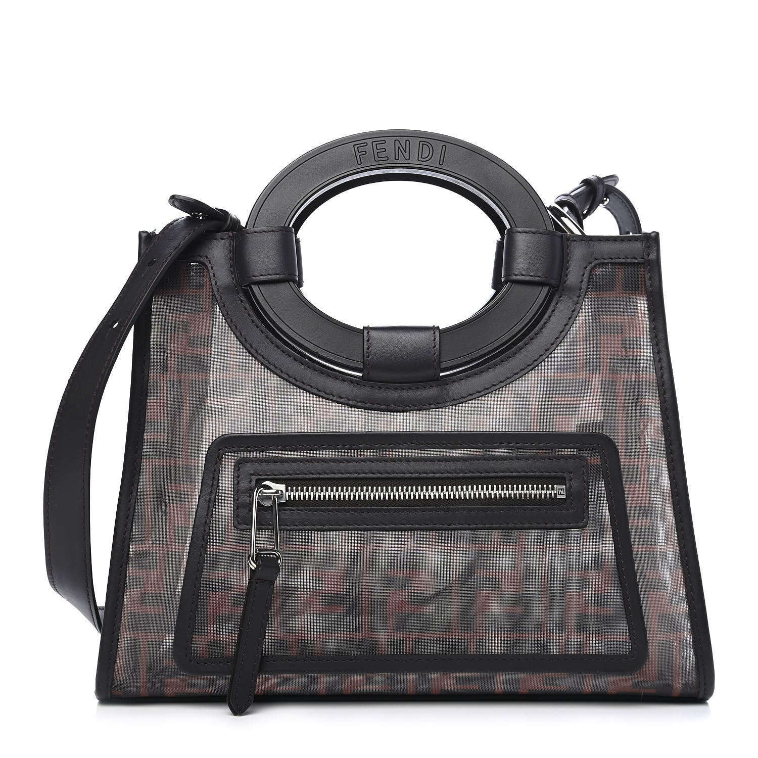 Fendi Mesh Vitello Century Cuoio FF 1974 Small Runaway Shopper Tote Marrone Black Ebano 1 of 10
