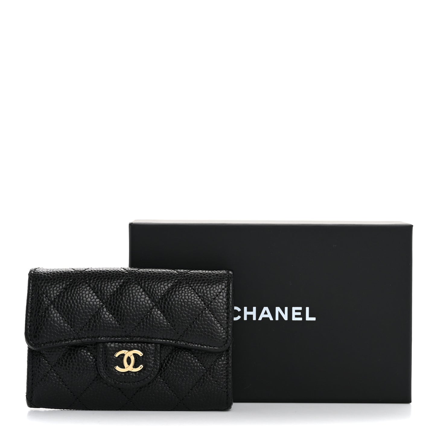 Caviar Quilted Flap Card Holder Wallet Black