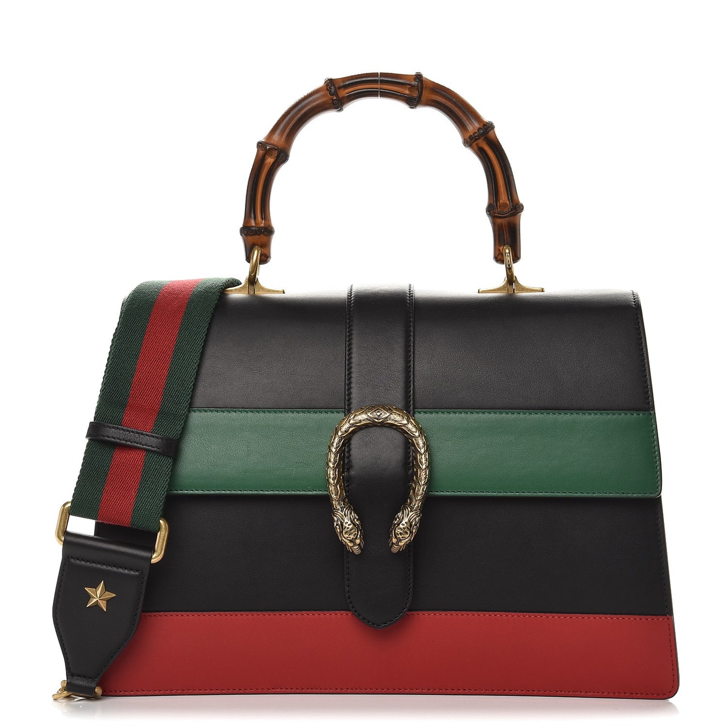 Calfskin Bamboo Web Large Dionysus Top Handle Bag Black Bright Evergreen Hibiscus Red
