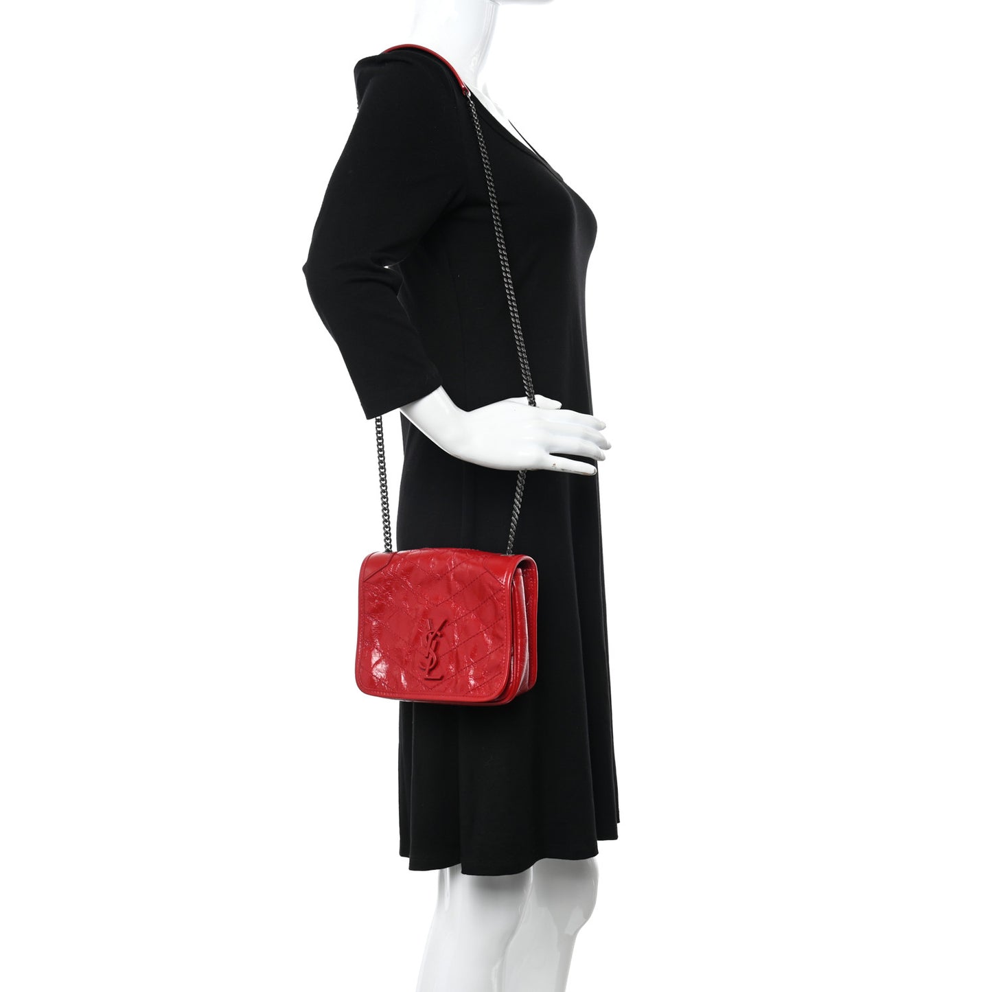 Crinkled Calfskin Matelasse Monogram Niki Chain Wallet Red