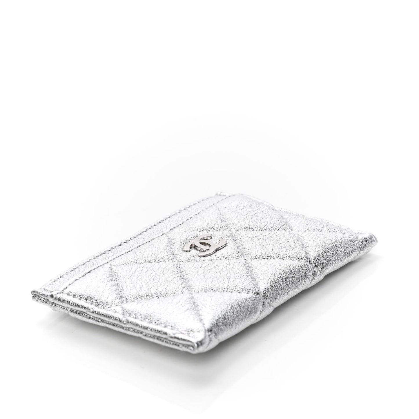 Metallic Lambskin Quilted Card Holder Silver