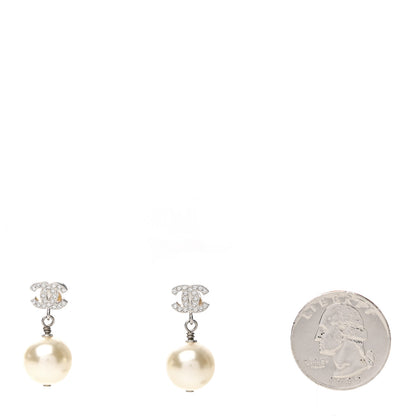 Chanel Crystal Pearl CC Drop Earrings Silver Pearly White 2 of 4