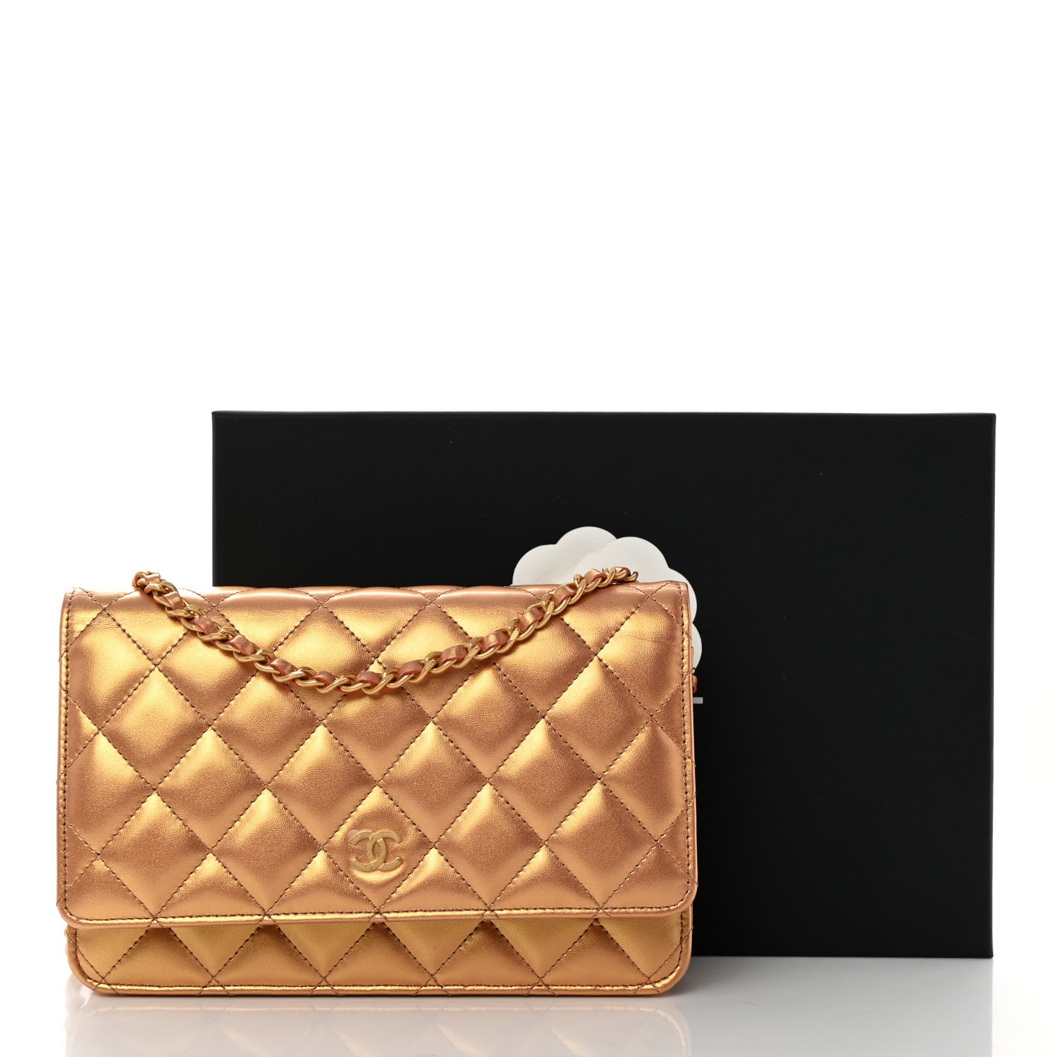 Chanel Metallic Lambskin Quilted Wallet On Chain WOC Golden 12 of 12