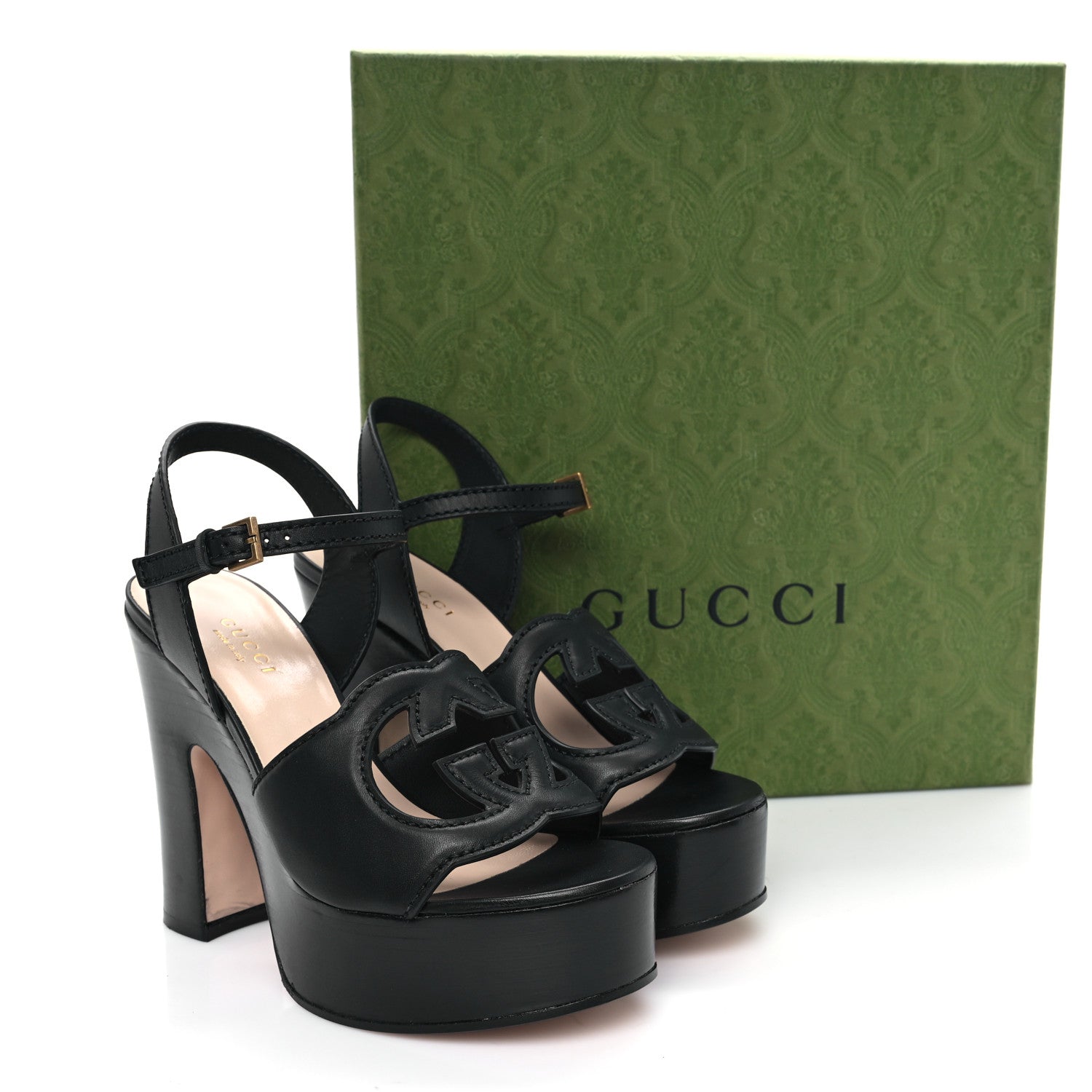 Gucci Cosmos Softy Calfskin Wooden Interlocking G Cut-Out 30/120mm Platform Sandals 35 Black 9 of 9