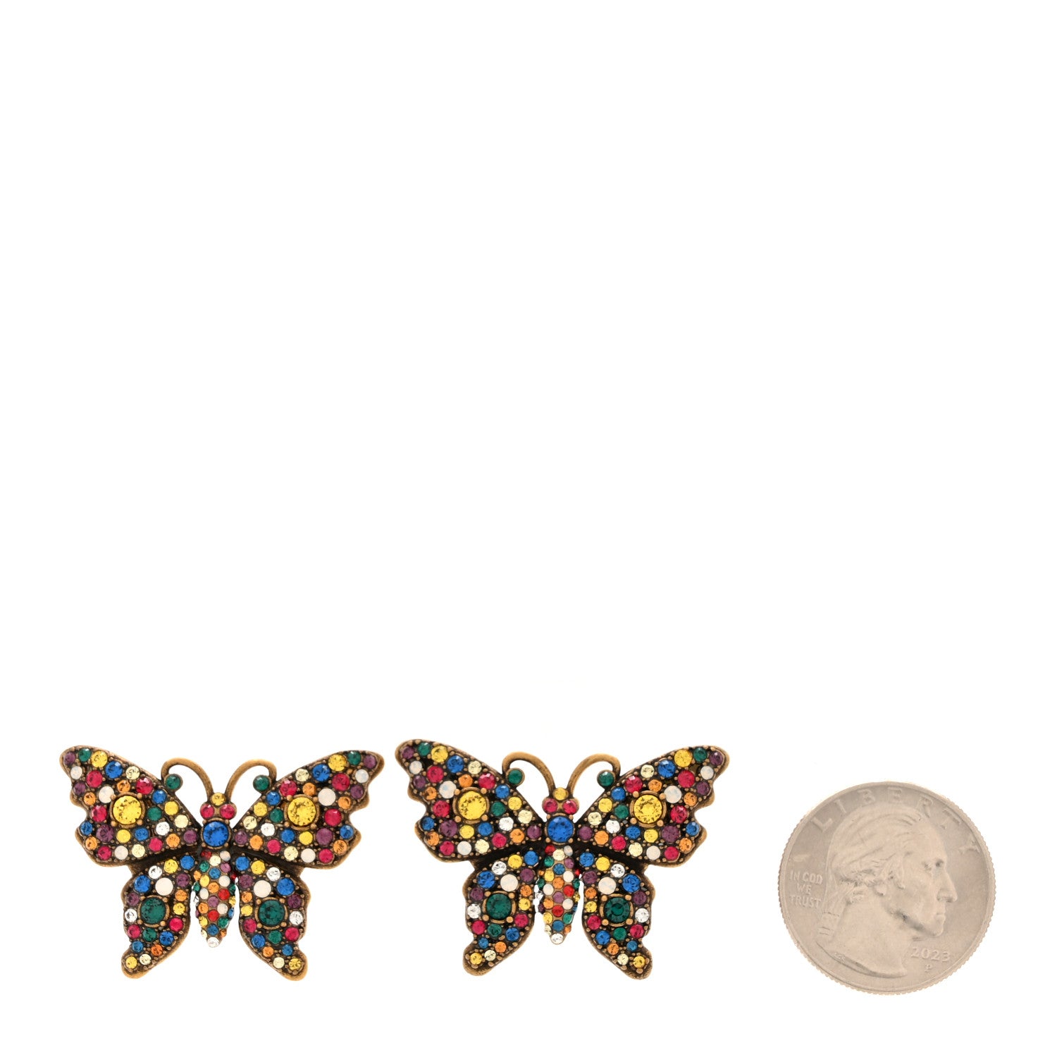Gucci Metal Crystal Butterfly Stud Earrings Aged Gold Multicolor 2 of 4