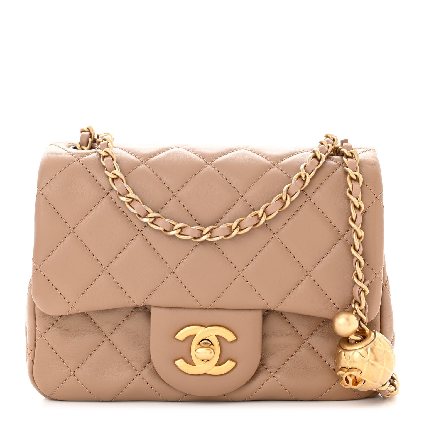Lambskin Quilted Mini Pearl Crush Flap Dark Beige