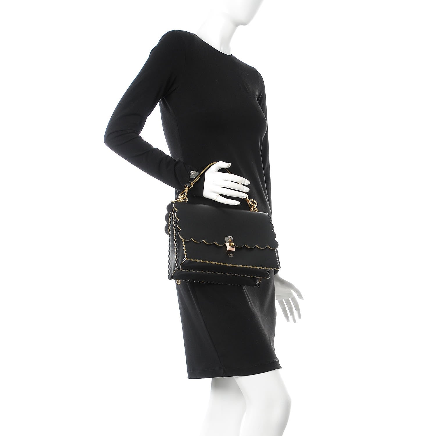 Fendi Vitello Liberty Scalloped Studded Kan I Shoulder Bag Black 2 of 10