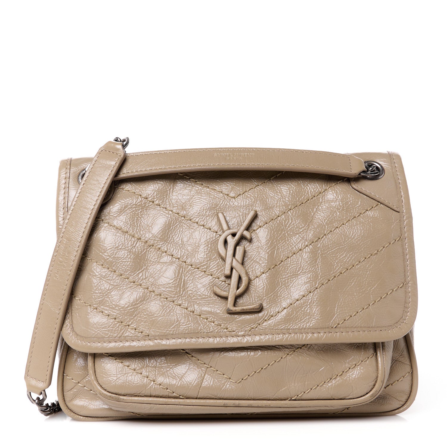 Saint Laurent Crinkled Calfskin Matelasse Monogram Baby Niki Chain Satchel Light Taupe 1 of 11
