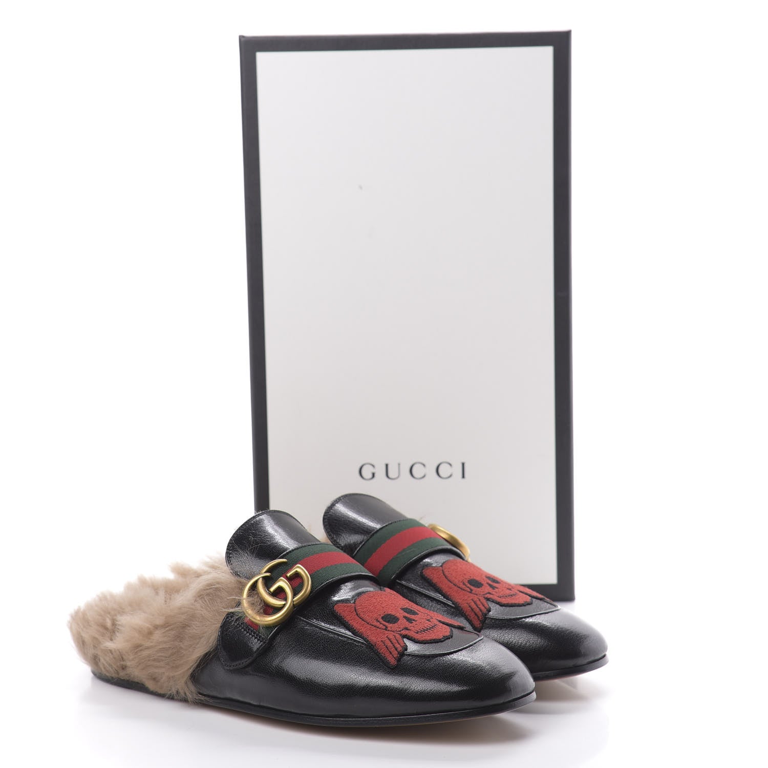 Gucci Goatskin Fur Web GG Skull Embroidered Mens Princetown Slippers 7.5 Black 9 of 9