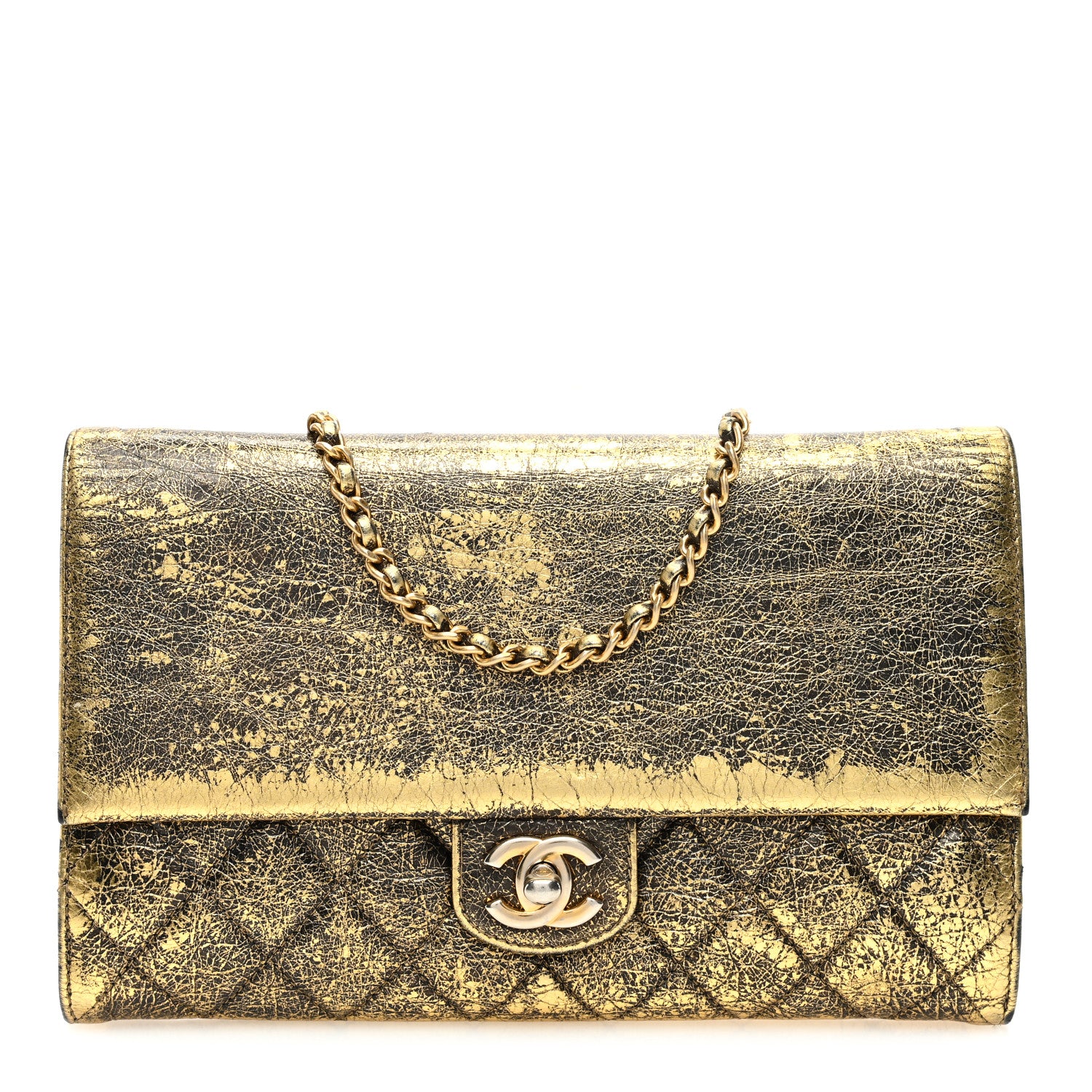 Chanel Cracked Metallic Calfskin Quilted Zip Away Chain Clutch Gold 1 of 11