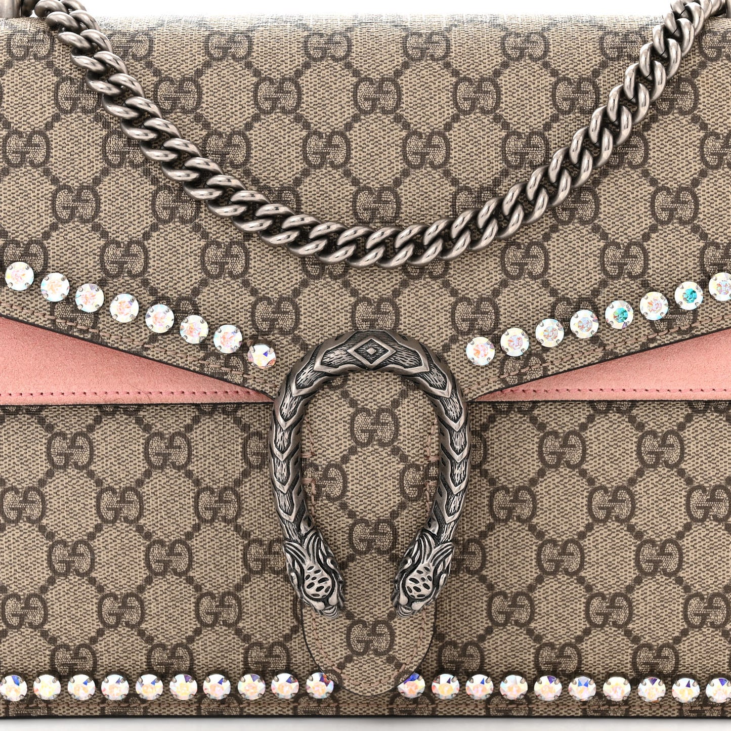 GG Supreme Monogram Suede Crystal Medium Dionysus Shoulder Bag Beige Ebony Light Peonia
