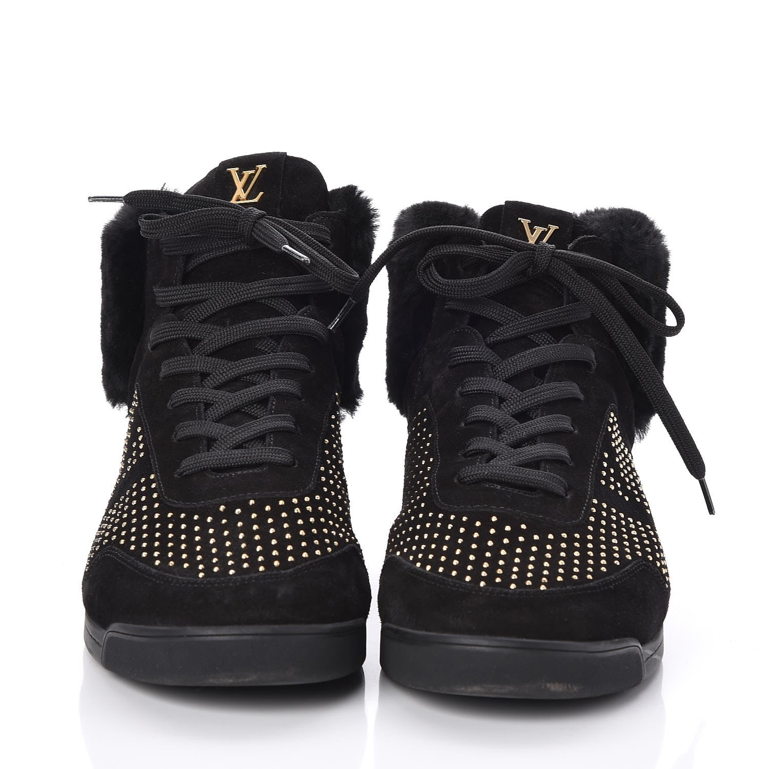 Louis Vuitton Suede Shearling Studded High Top Sneakers 41 Black 2 of 14