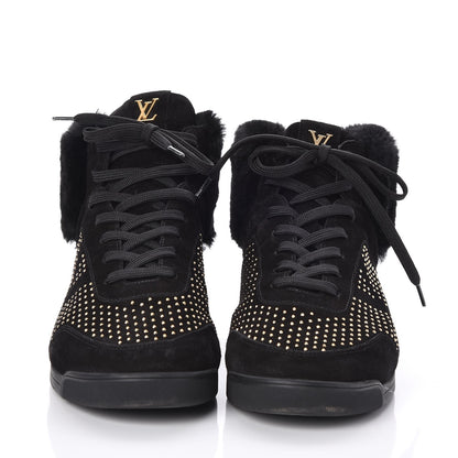 Louis Vuitton Suede Shearling Studded High Top Sneakers 41 Black 2 of 14