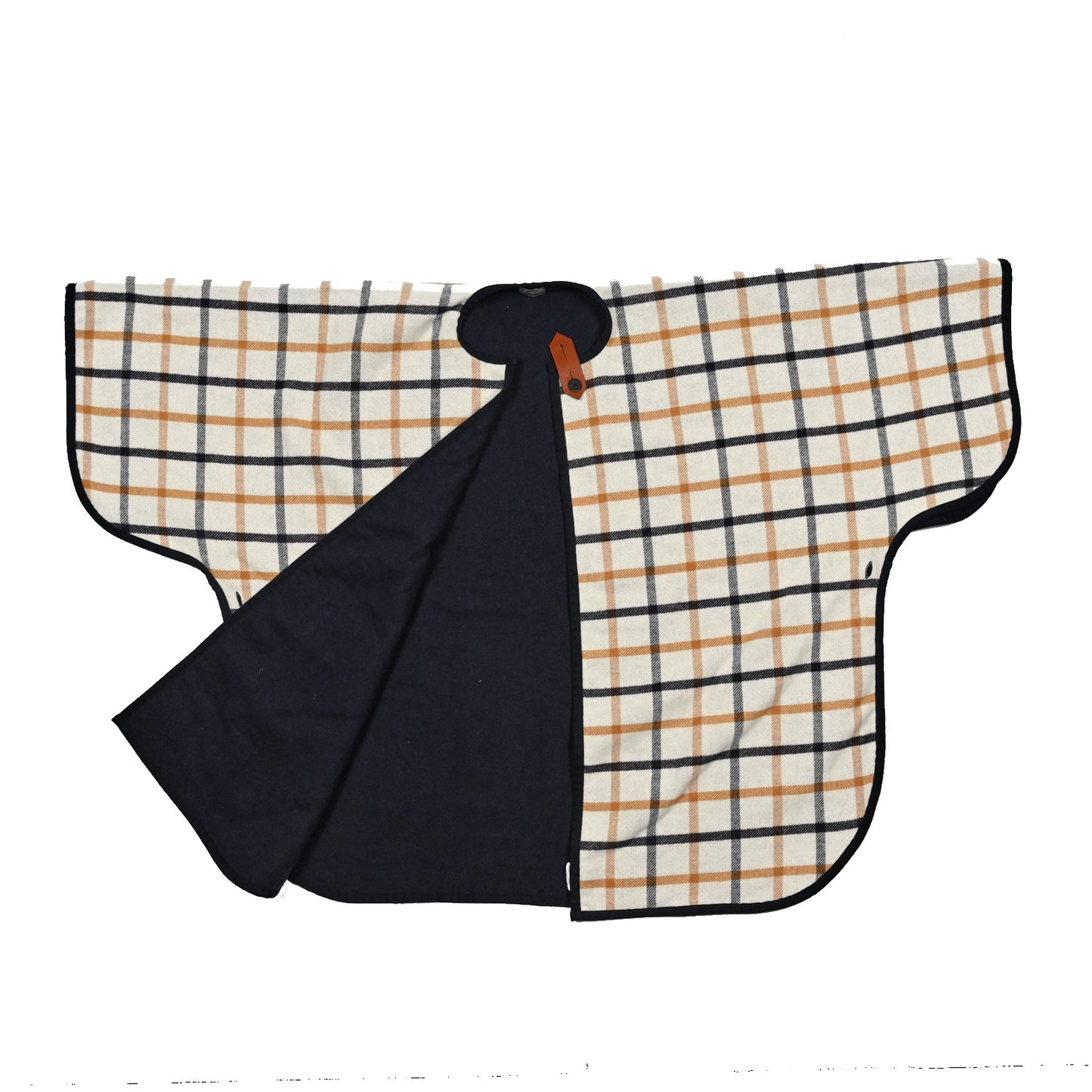 Wool Cashmere Sikkim Calfskin Reversible Camail Poncho Navy Camail