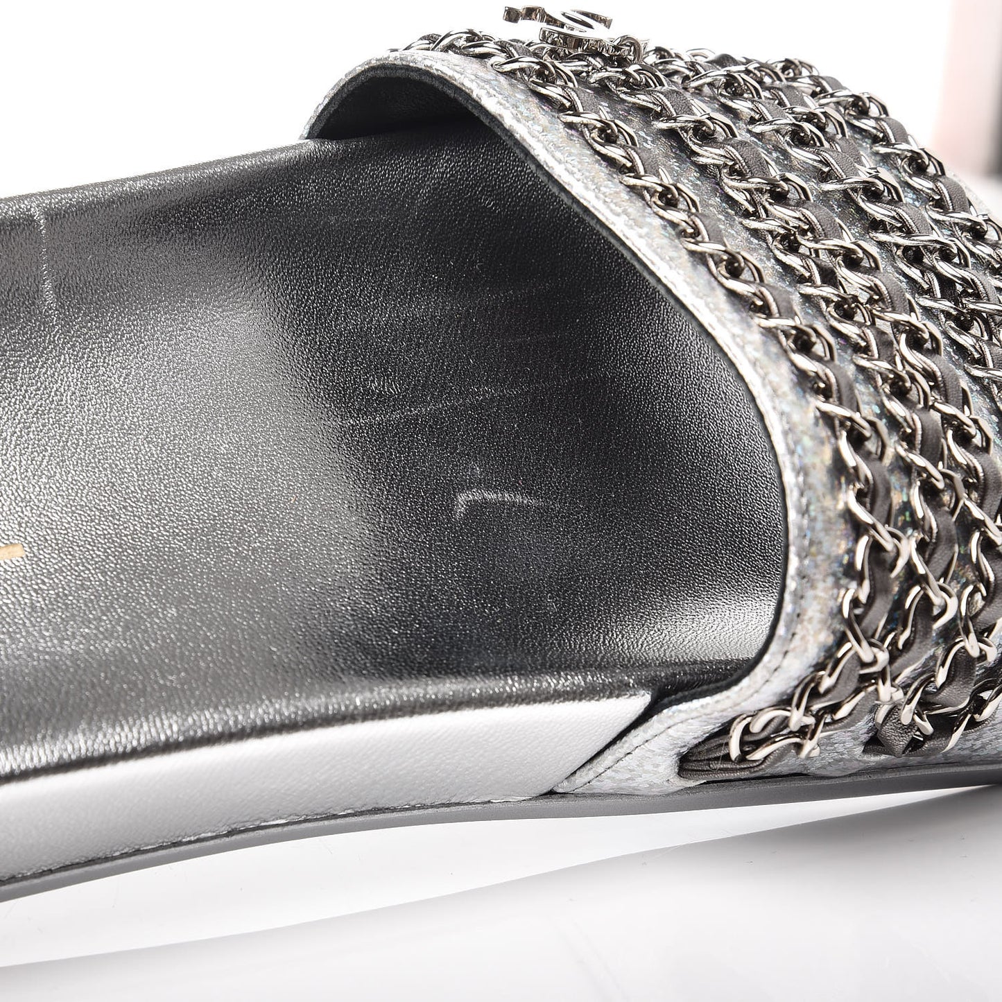 Metallic Lambskin Chain Flat Sandals 42 Silver