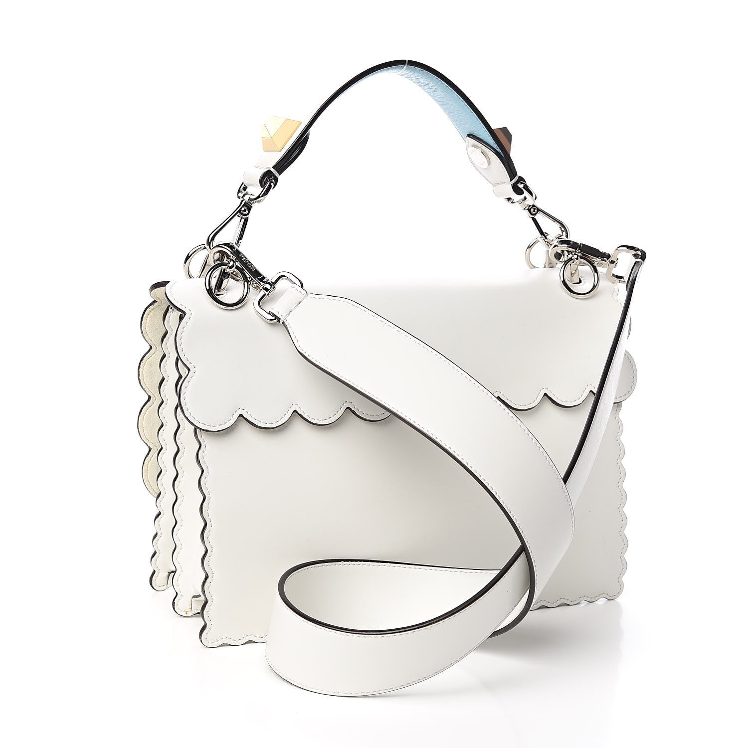 Fendi Vitello Liberty Scalloped Studded Flowers and Bows Kan I Shoulder Bag White Multicolor 3 of 13