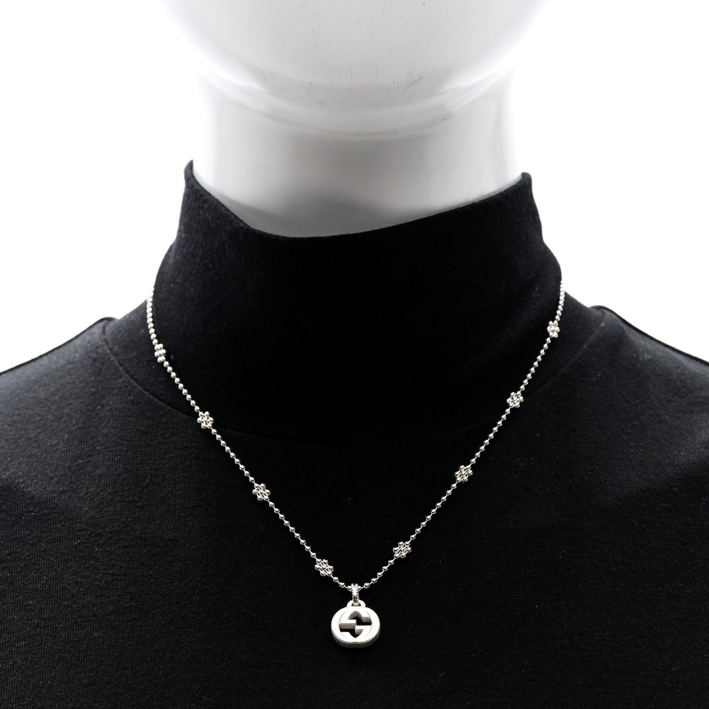 Sterling Silver Interlocking GG Pendant Beaded Necklace