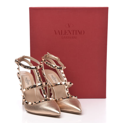 Valentino Garavani Metallic Pebbled Calfskin Rockstud Ankle Strap 100mm Pumps 36 Rame 9 of 9