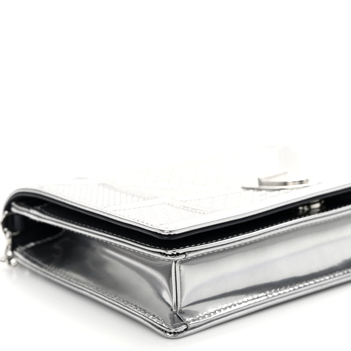 Metallic Patent Micro-Cannage Diorama Wallet on Chain Pouch Silver