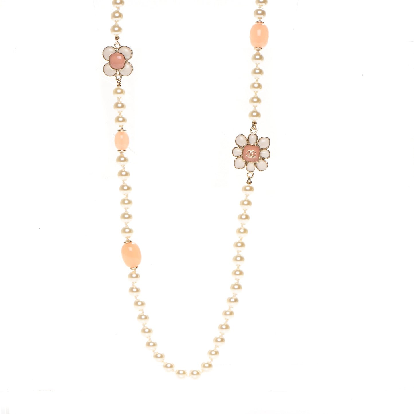 Pearl Gripoix Poured Glass CC Korean Blossom Long Necklace Pink Gold
