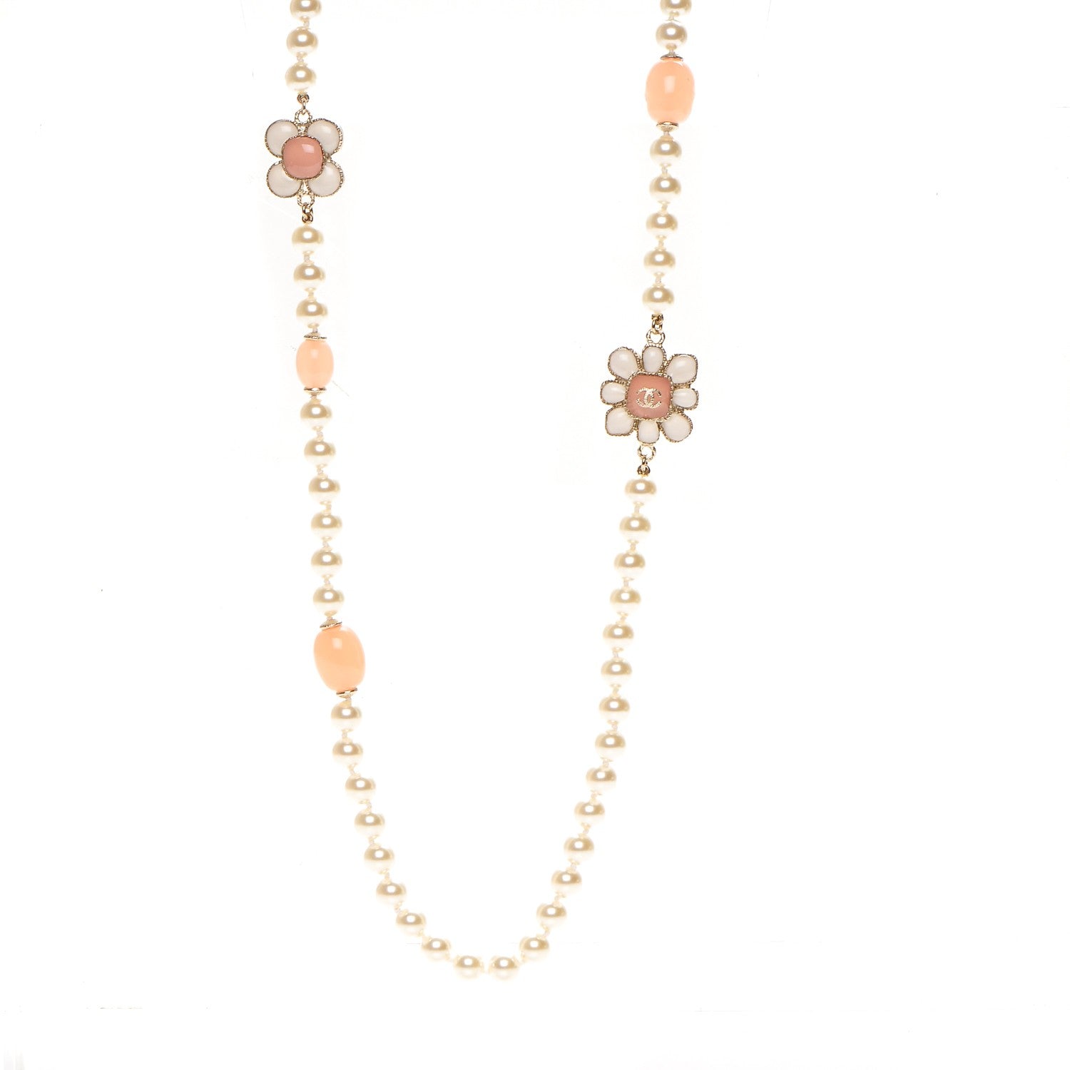 Chanel Pearl Gripoix Poured Glass CC Korean Blossom Long Necklace Pink Gold 1 of 4