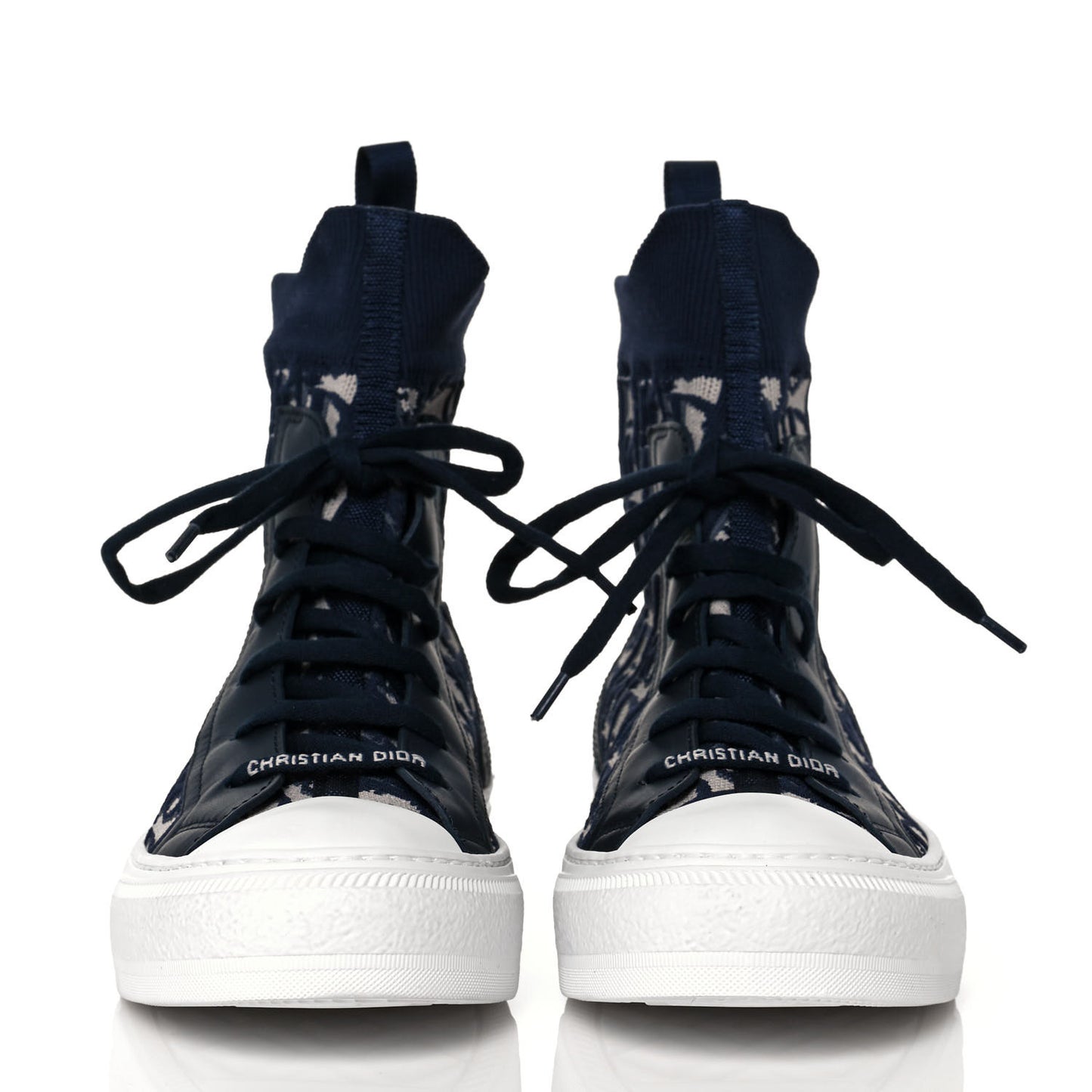 Technical Knit Calfskin Oblique Womens Walk'n Dior High Top Sneakers 37.5 Deep Blue