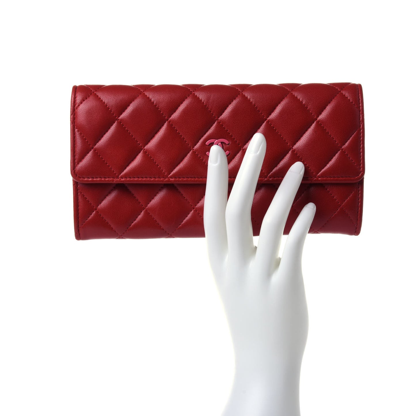 Lambskin Quilted Large Gusset Flap Wallet Red