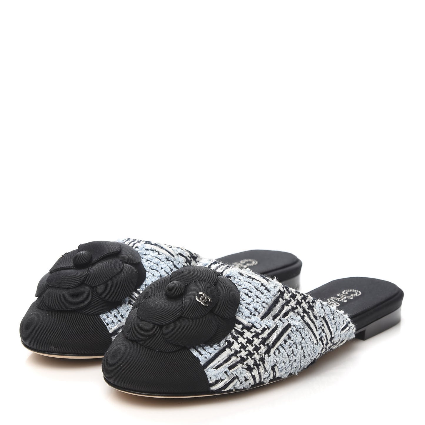 Tweed Grosgrain Camellia CC Flats 37.5 Light Blue Black