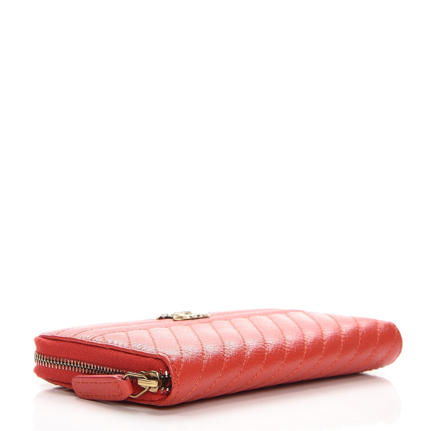 Shiny Goatskin Diagonal Quilted Small Zip Around Wallet Red