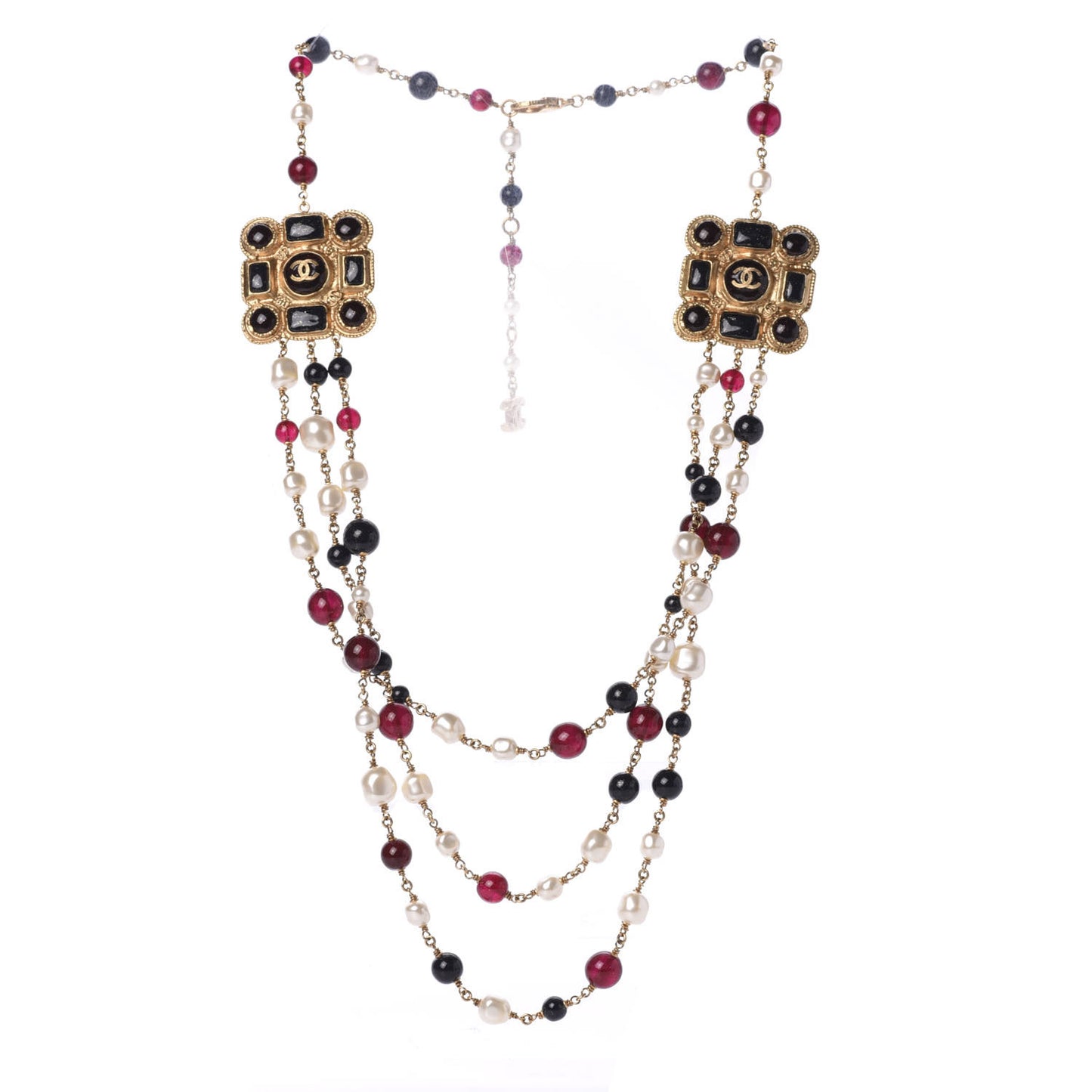 Pearl Bead CC Medallion Long Necklace Gold Red