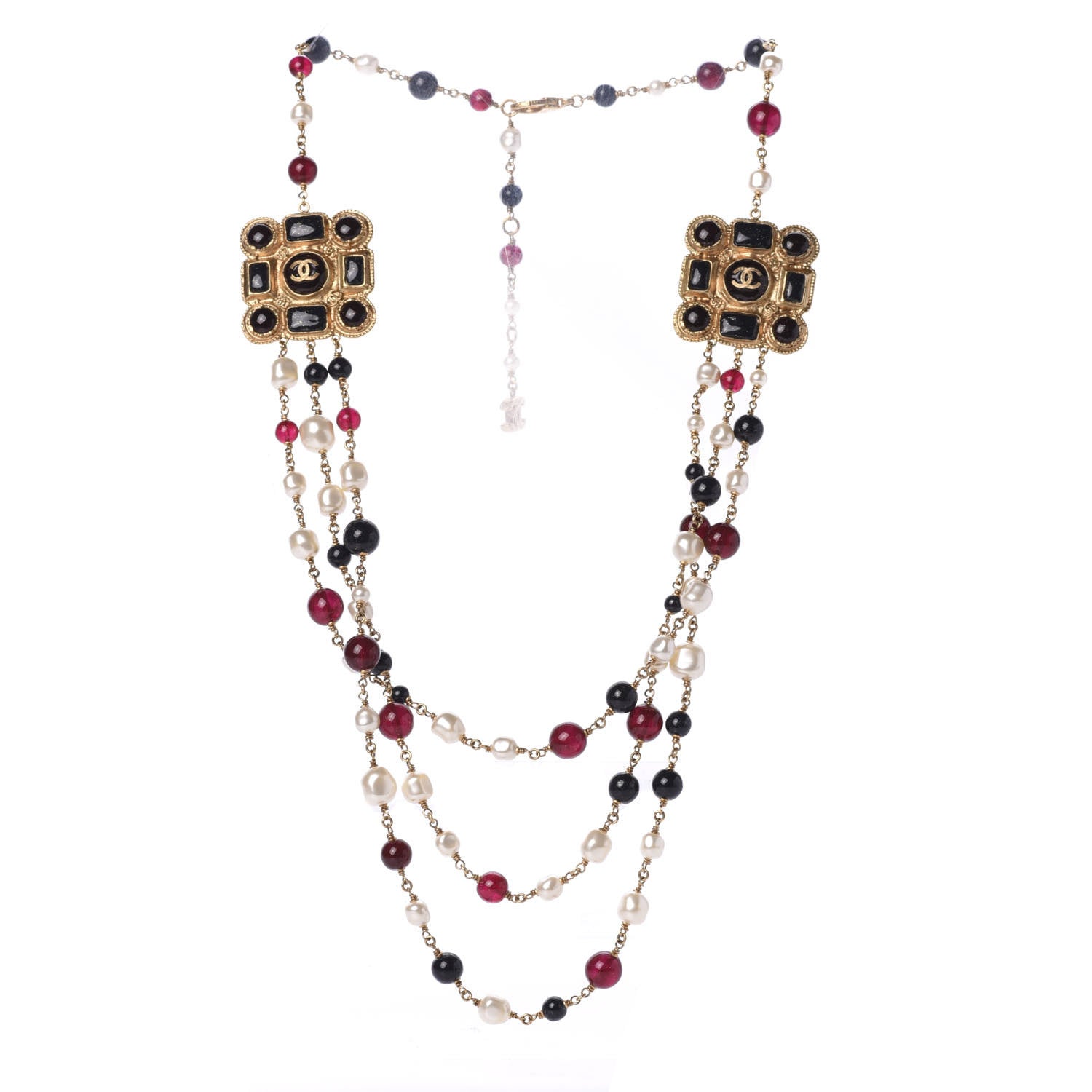 Chanel Pearl Bead CC Medallion Long Necklace Gold Red 5 of 6