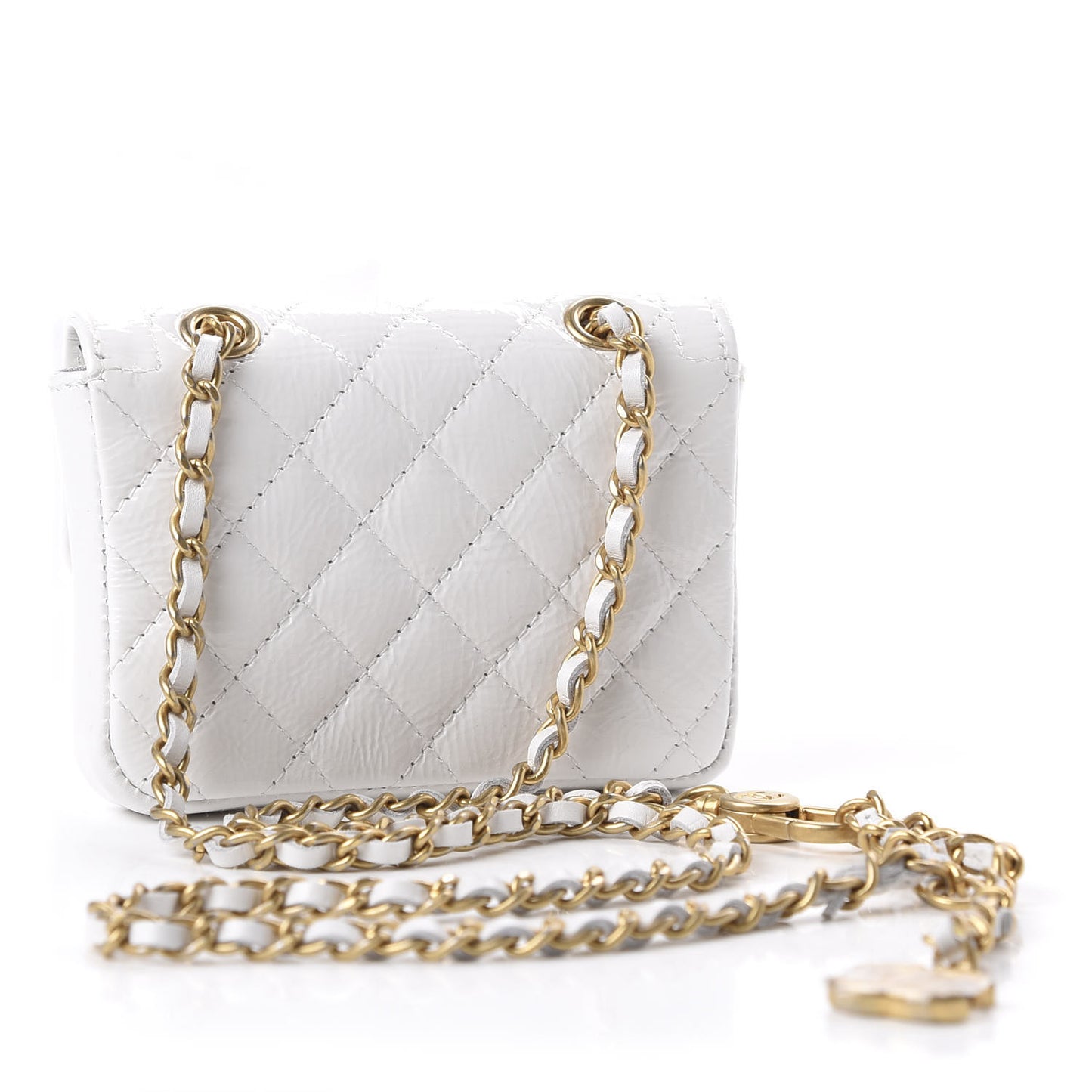 Shiny Aged Calfskin Quilted Waist Belt Bag White