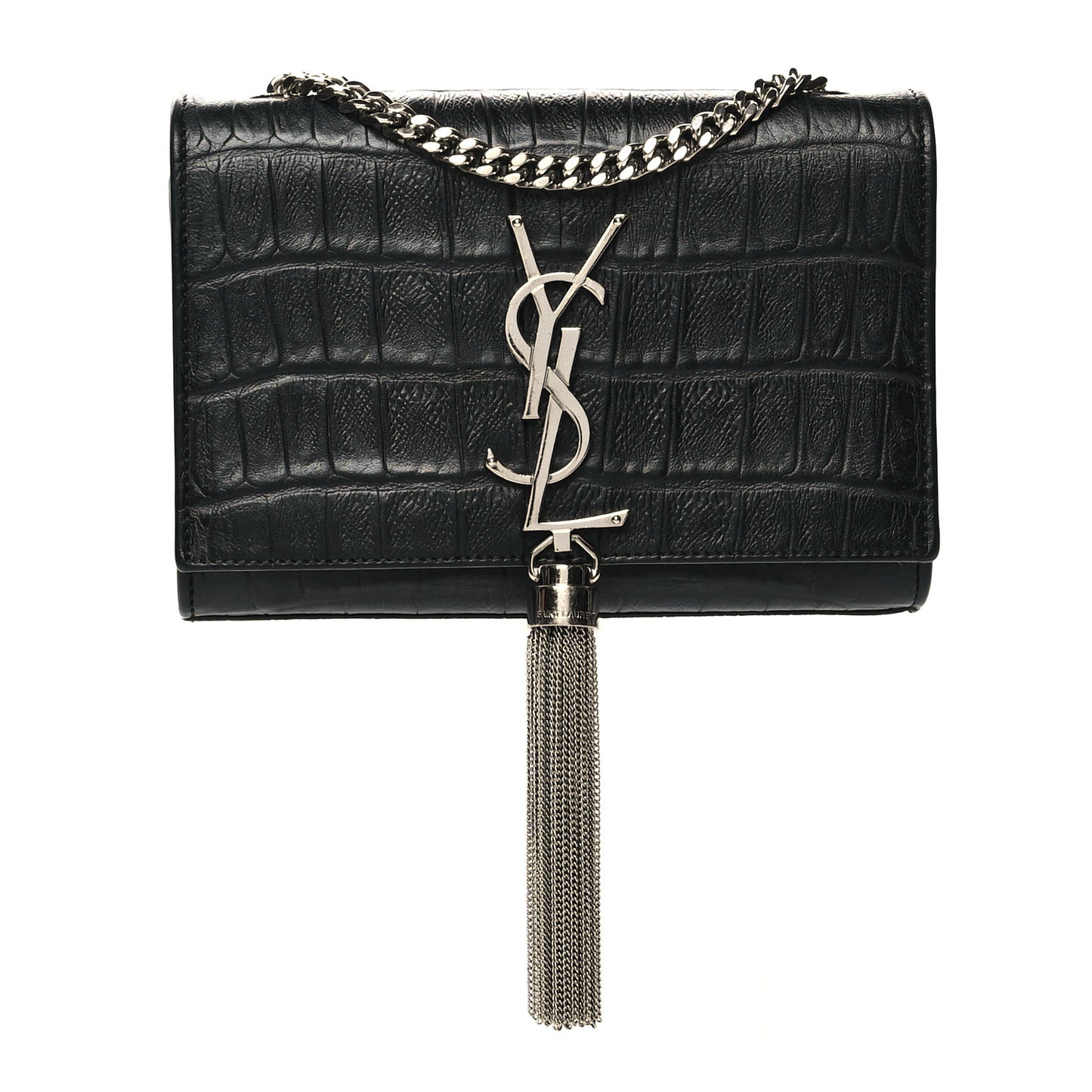 Calfskin Crocodile Embossed Small Classic Monogram Kate Tassel Satchel Black