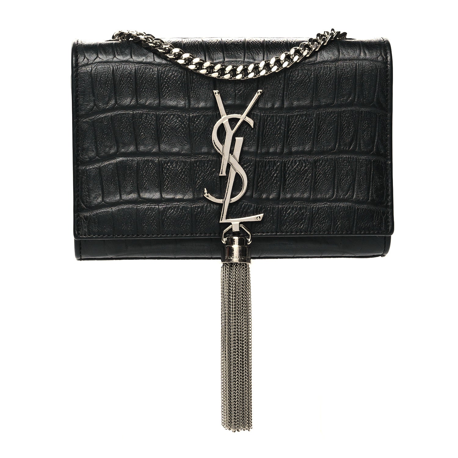 Saint Laurent Calfskin Crocodile Embossed Small Classic Monogram Kate Tassel Satchel Black 1 of 11