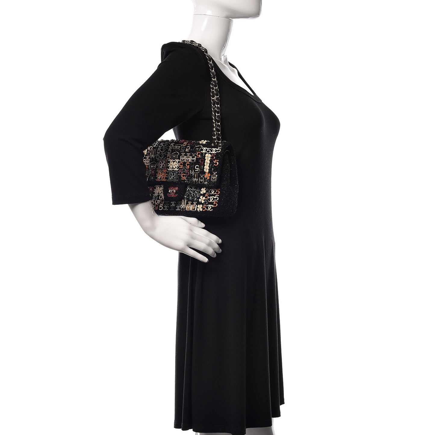 Tweed Lambskin Charms Embroidered Medium Double Flap Black