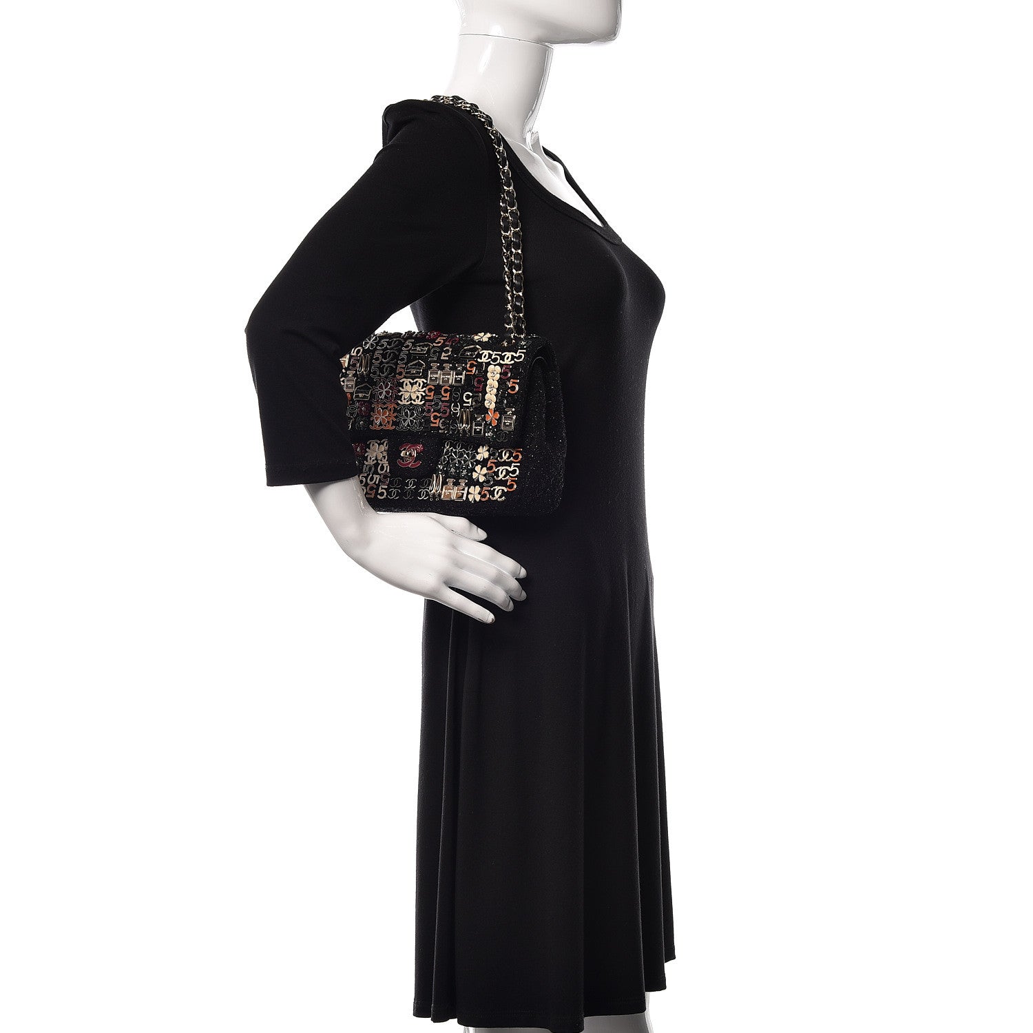 Chanel Tweed Lambskin Charms Embroidered Medium Double Flap Black 2 of 19