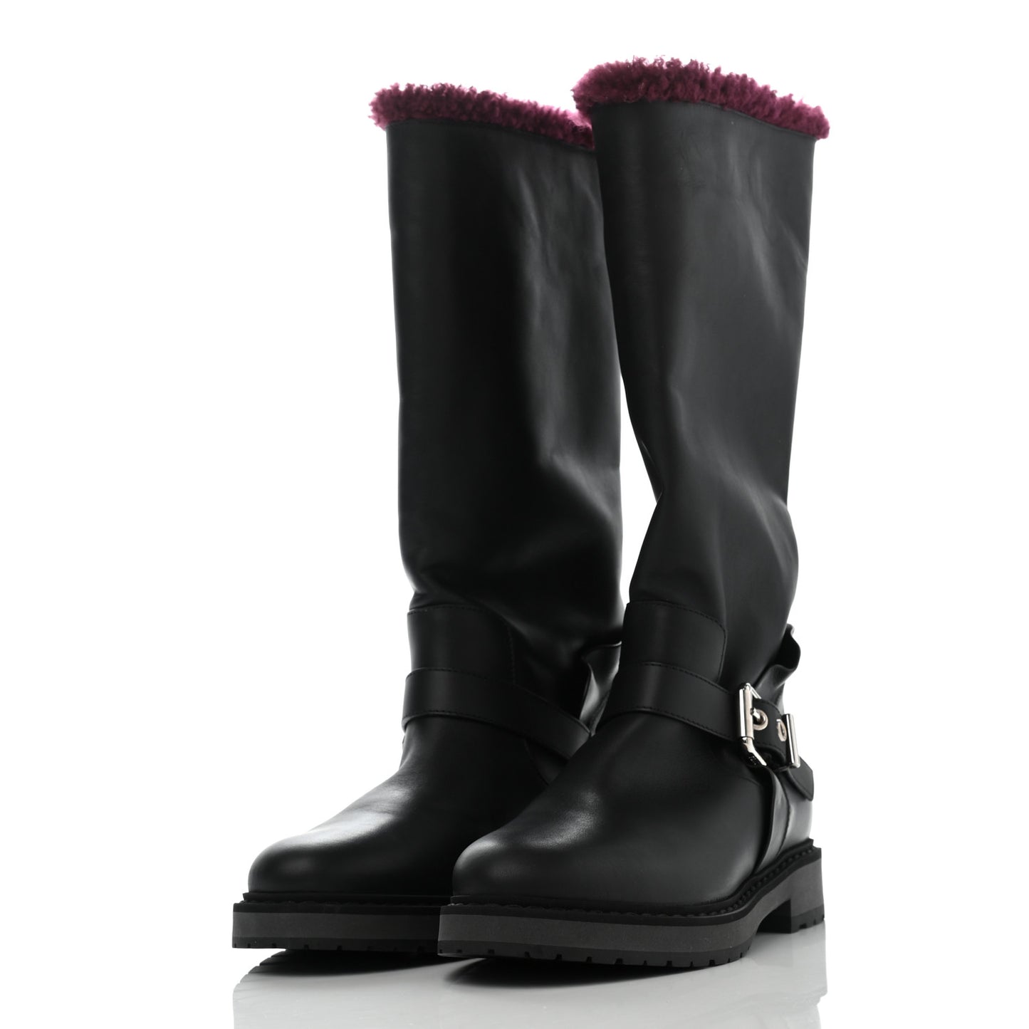 Calfskin Shearling Moto Boots 36 Black Aubergine