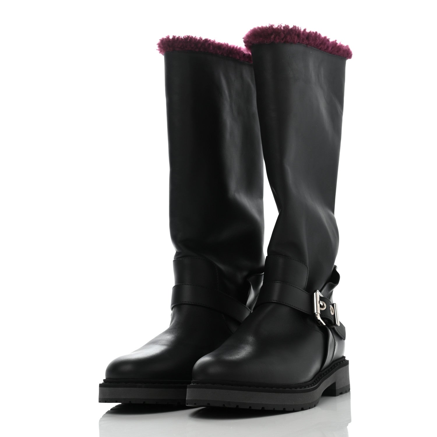 Fendi Calfskin Shearling Moto Boots 36 Black Aubergine 3 of 10